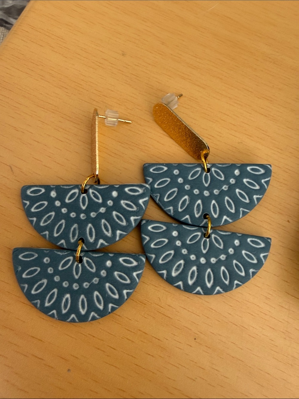 Blue Patterned Semicircle Dangle Earrings - Unbranded